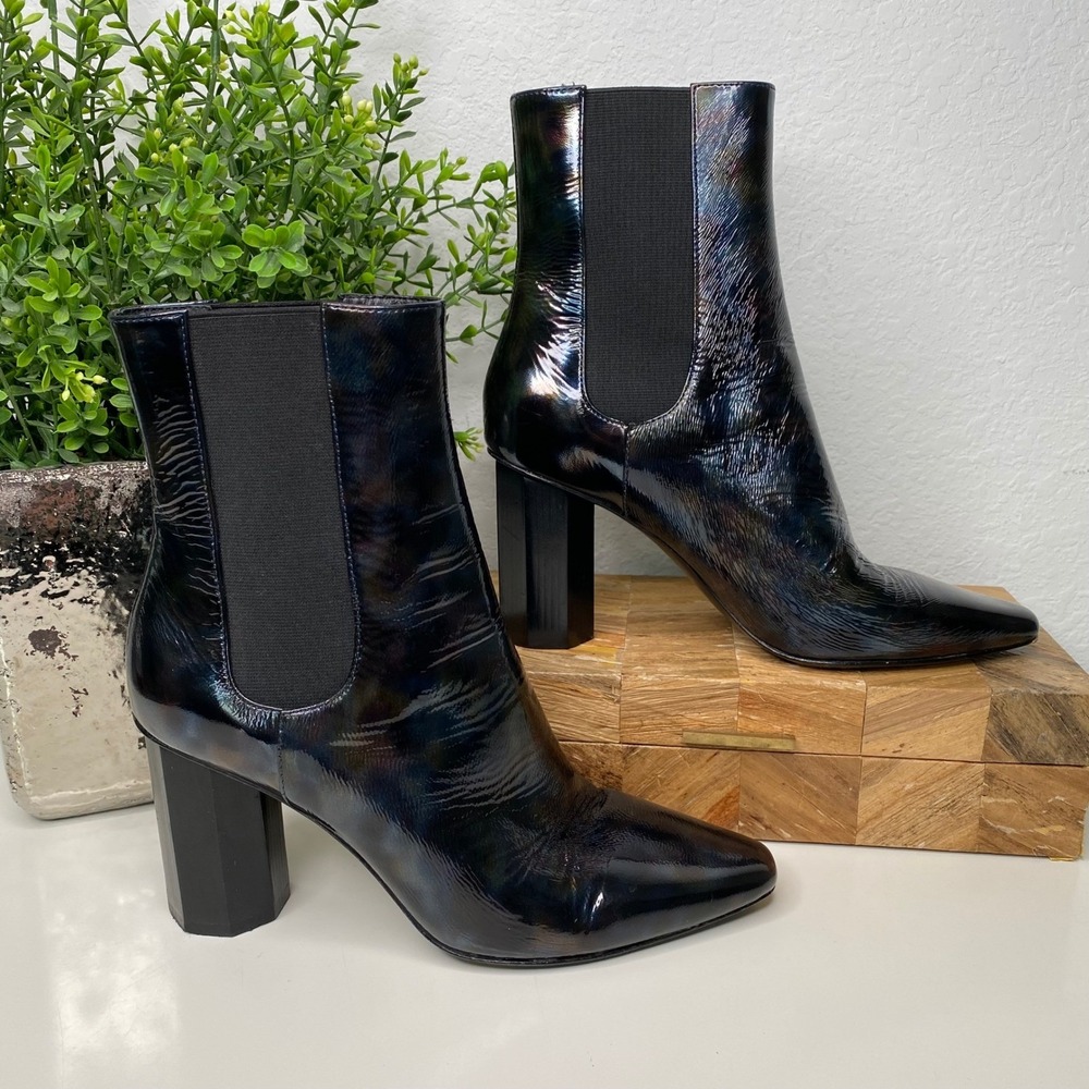 Donald Pliner Laila Booties Iridescent Black Patent Leather Octagonal Heel  7.5